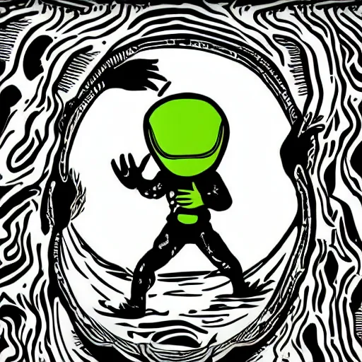 Prompt: pop - wonder - nft alien - meat half - tone - art of a stoic - ninja wading through the goopy - muck and slithering about the castle side delights on a melted cheesy day in a hand - drawn vector, svg, cult - classic - comic - style