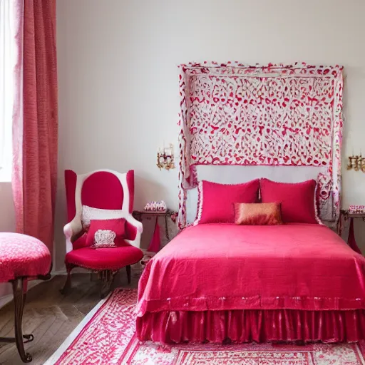 Image similar to deisgner photography of bedroom themed to strawberry motif. bed has strawberry blankets. wall has strawberry pattern. furniture has strawberry motif. furniture is shaped like strawberries. carpet has strawberry motif. lighting has strawberry shapes.