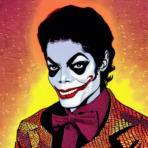 Image similar to dynamic macro head portrait of beautifu michael jackson as the joker in white sequined jacket by john romita sr and cory walker and ryan ottley and jack kirby and barry windsor - smith, comic, illustration, photo real