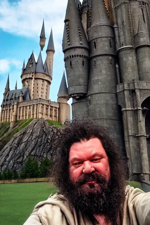 Prompt: iPhone selfie of Hagrid in front of the Hogwarts Castle