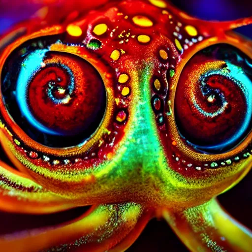 Image similar to fiery whimsical emotional eyes cephalopod, in a photorealistic macro photograph with shallow dof, in the deepest seas of the unconscious psyche