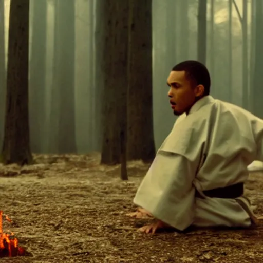 Image similar to cinematic film still of Chris Brown starring as a Japanese Sensei with fire, Japanese CGI, VFX, 2003, 40mm lens, shallow depth of field, film photography