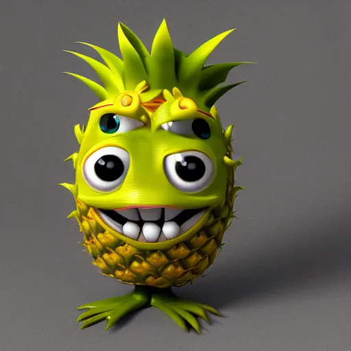 Image similar to cute anthropomorphic happy pineapple monster with big teeth and big eyes detailed character concept 3 d pixar style render 4 k