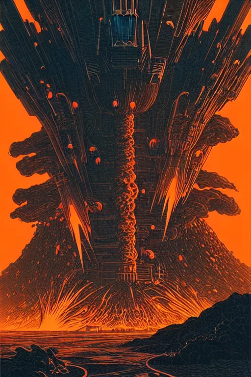 Image similar to artwork by kilian eng and toshi yoshida and franklin booth showing a futuristic powerstation!! in front of a ( ( exploding volcano ) ), vintage scifi, high details, dramatic lightning,, 8 k