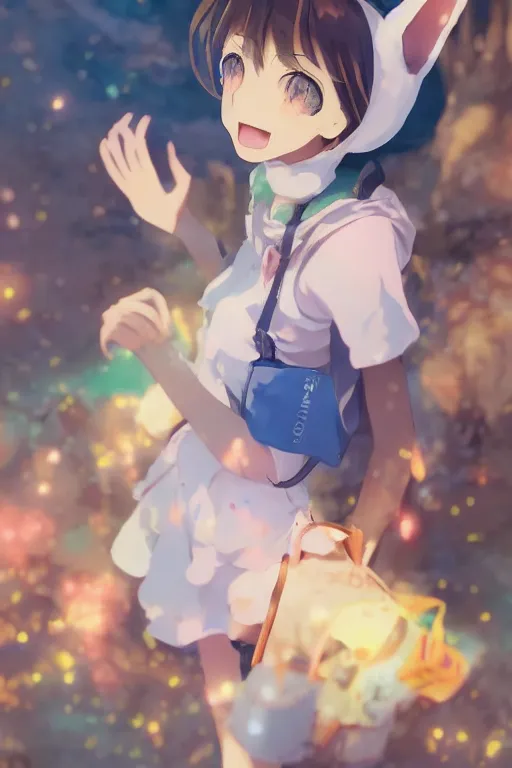 Prompt: Poster of tonemapped Smiling anime girl with bunny hat in the style of Makoto Shinkai, Yun Koga and Artstation