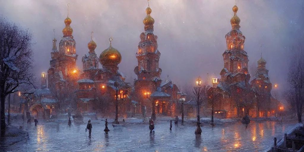 Image similar to Beautiful magical Old Rus city of Kitezh in mist, magic lights, strange buildings, oil painting, concept art, fantasy cityscape, ancient Russian architecture, art by Ted Nasmith and James Gurney, hyperborea, high resolution, trending on artstation