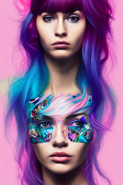 Image similar to a award winning half body porttrait of a beautiful woman in a croptop with ombre purple pink teal hairstyle with head in motion and hair flying by sandra chevrier, outrun, vaporware, illustration, digital art, trending on artstation, highly detailed, fine detail, intricate