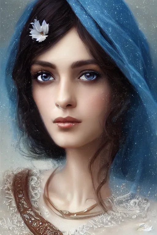 Image similar to brown ameera al taweel, bright blue eyes, long wavy black hair, white veil, front closeup, cinnamon #b57e59 skin color, elegant, highly detailed, centered, oil painting, artstation, concept art by tom bagshaw