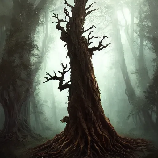 Image similar to a corpse in the shape of an ent, by greg rutkowski, trending on art station, highly detailed, magic the gathering, matte painting