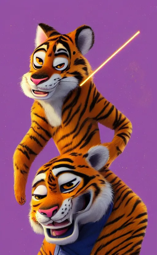 Image similar to “portrait of tiger in the style of the movie zootopia holding a laser gun, with a dark background behind him”