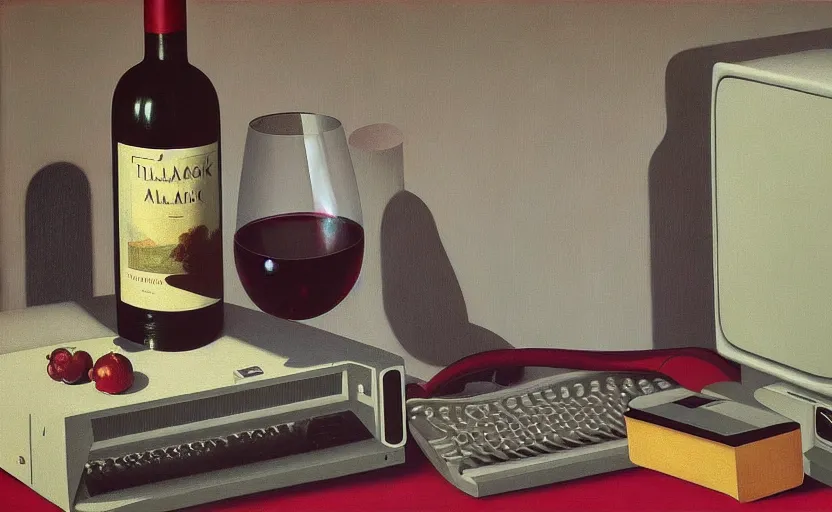 Image similar to an achingly beautiful still life featuring tillamook cheese, and red wine and an old computer by Raphael, Hopper, and Rene Magritte. detailed, romantic, enchanting, trending on artstation.