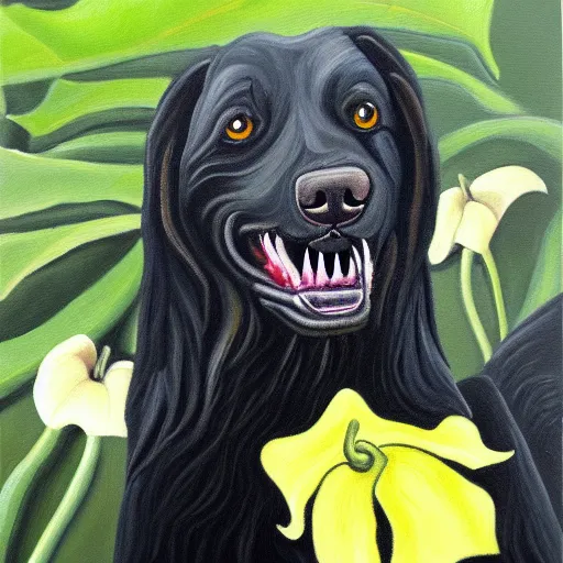 Image similar to oil painting of a vicious black dog bearing its fangs next to brugmansia suaveolens flowers, dark background, scary