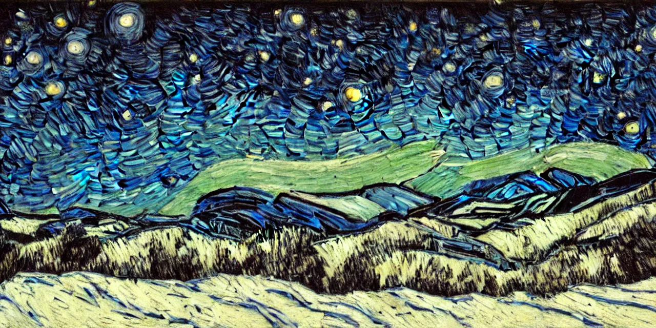 Image similar to thick impasto textured oil black and white painting of the laurentian appalachian mountains in winter by vincent van gogh, unique, original and creative landscape, snowy night, distant town lights, aurora borealis, deers and ravens, footsteps in the snow, brilliant composition