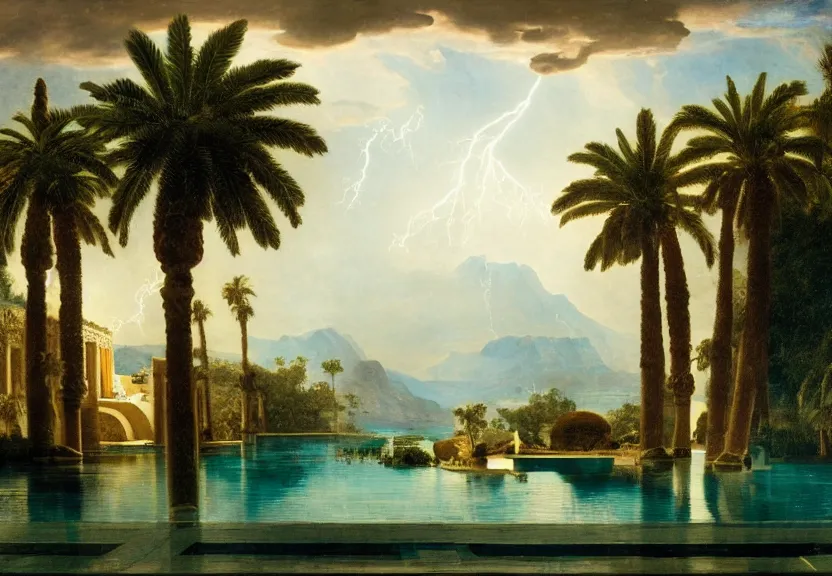 Image similar to The highest palace ever made, thunderstorm, greek pool, beach and palm trees on the background major arcana sky, by paul delaroche, hyperrealistic 4k uhd, award-winning very detailed