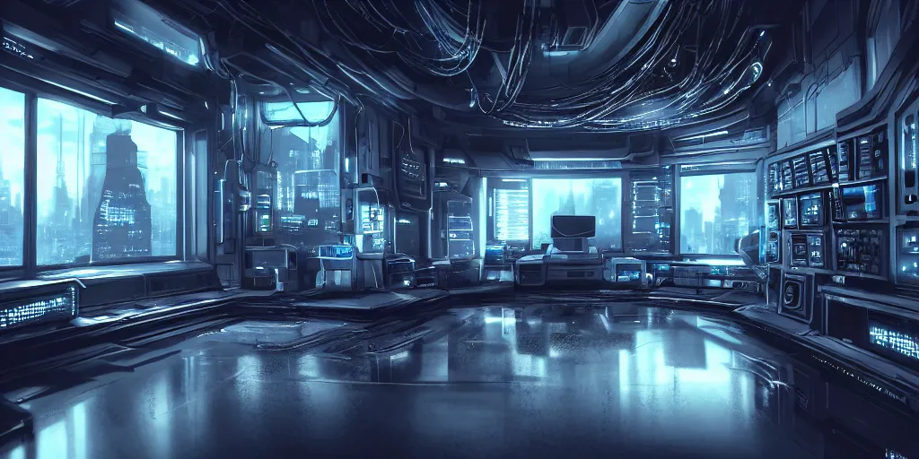 Image similar to ultra detailed photorealistic cyberpunk interior, cinematic light, sci fi, glossy, cybernetic machines, wires, office, robotics, futuristic decor, trending on artstation, global illumination, ultra realistic illustration, matte painting, high detailed, unreal engine, octane render, 4 k, hd, high quality