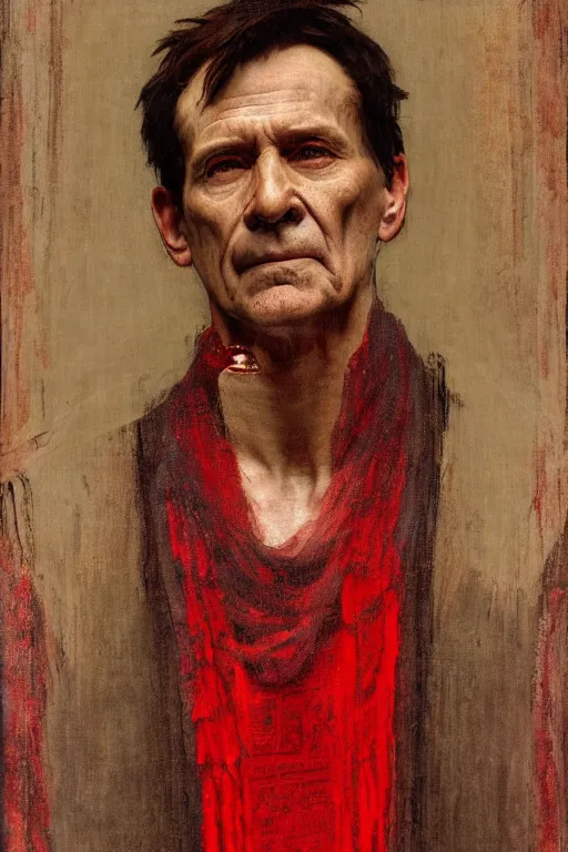 Prompt: the end is near. a tired julius caesar is sitting on a throne. portrait. face is highly detailed. intricate. splices of red are running down his toga. close shot. dark background. soft light. imagined by jeremy lipking and alphonse mucha