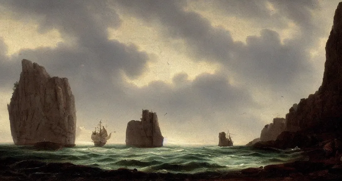 Image similar to an 1 8 th century! landscape painting of ship rock!!! moody! impressive! majestic, by carlos de haes!!!