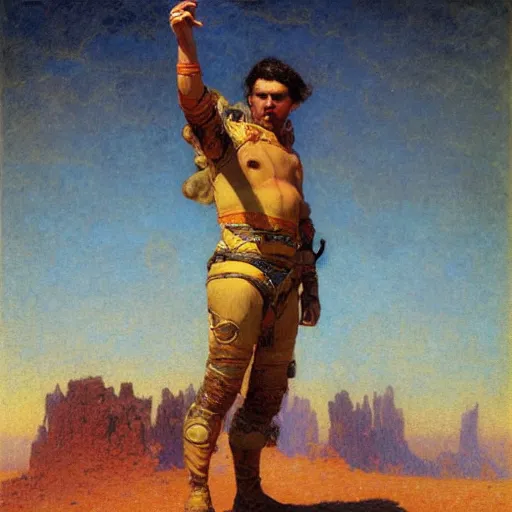 Image similar to handsome man adventurer standing on mars, epic scale, artstation, vast, oil painting, gaston bussiere, mucha, gerome,