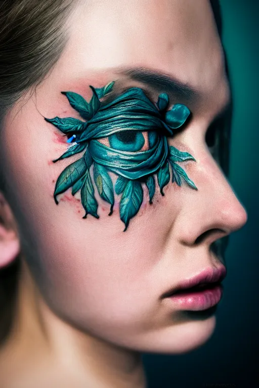 Prompt: hyperrealistic hyper detailed close-up portrait of woman covered in rococo flower tattoos matte painting concept art key sage very dramatic dark teal lighting low angle hd sharp 35mm shallow depth of field 8k