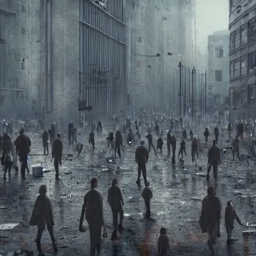 Image similar to hordes of drone-like people aimlessly walking around a depressing dystopian cityscape , trending on artststion, hyper realistic, surreal, melancholic, 8k, upscaled