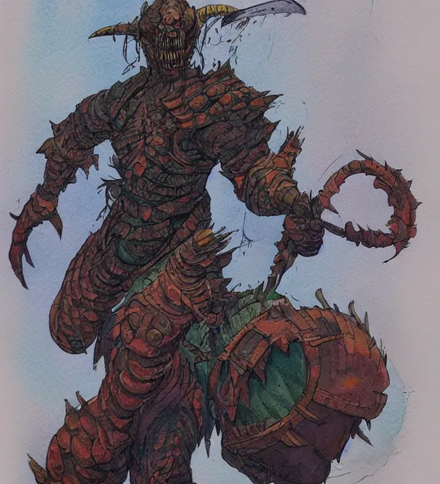 Prompt: a 3 / 4 view watercolor ink painting of a humanoid anthropomorphic glowing deathclaw dressed as a raider in the style of jean giraud in the style of moebius trending on artstation deviantart pinterest detailed realistic hd 8 k high resolution