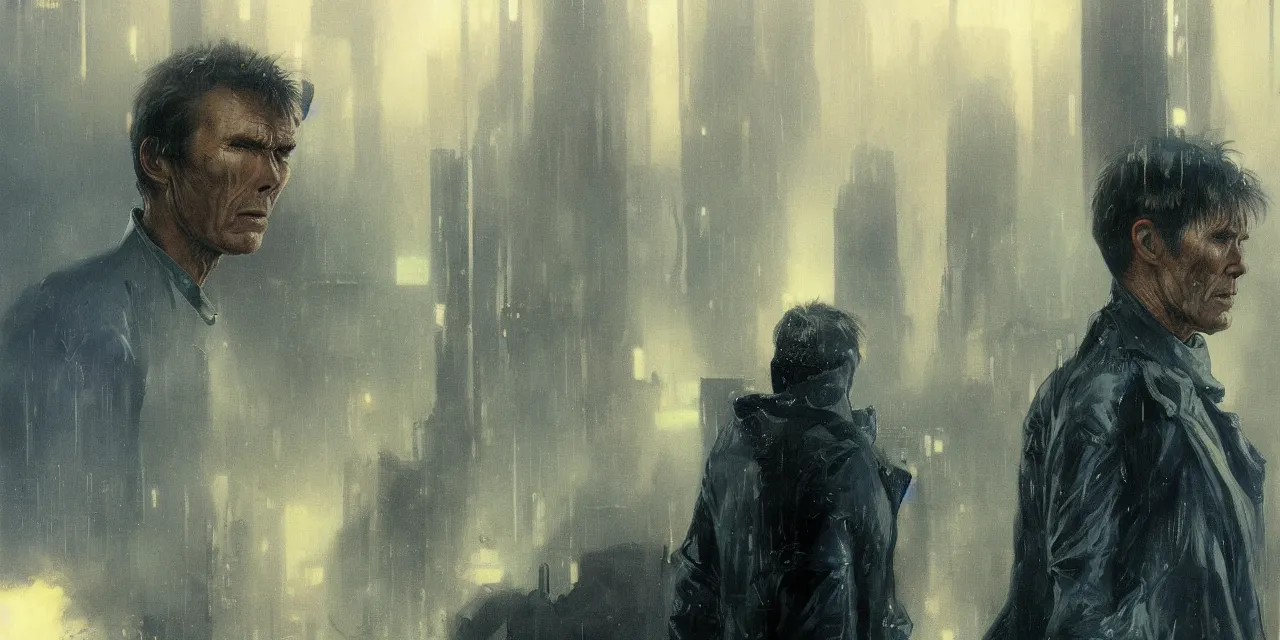 Image similar to 2 0 1 8 blade runner movie very very young clint eastwood in his youth western look at the cityscape from roof perfect face fine realistic face pretty face reflective polymer suit tight neon puffy jacket blue futuristic sci - fi elegant by denis villeneuve tom anders zorn hans dragan bibin thoma greg rutkowski ismail inceoglu illustrated sand storm alphonse mucha