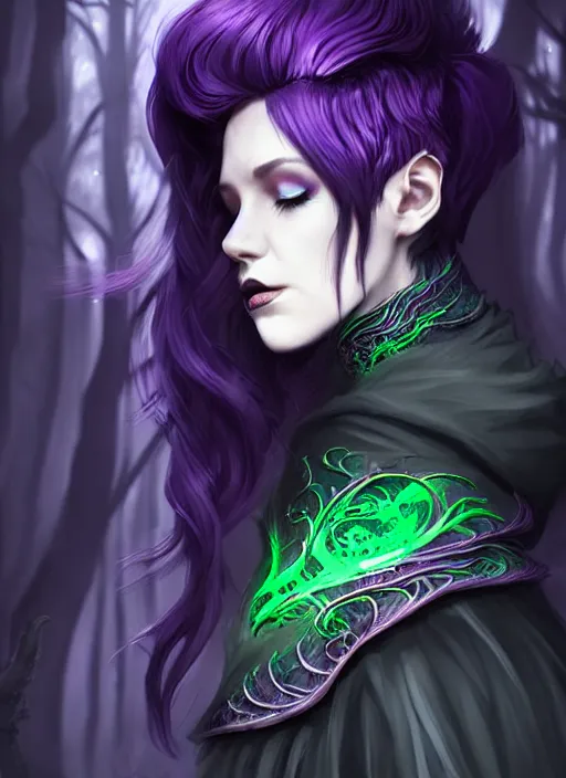 Prompt: side portrait dark witch, adventurer outfit large cloak, fantasy forest landscape, dragon scales, fantasy magic, undercut hairstyle, short purple black fade hair!!!!!!, dark light night, intricate, elegant, sharp focus, illustration, highly detailed!!!!!!!, digital painting, concept art, green neon smoke, matte painting, art by WLOP and Artgerm and Greg Rutkowski and Alphonse Mucha, masterpiece