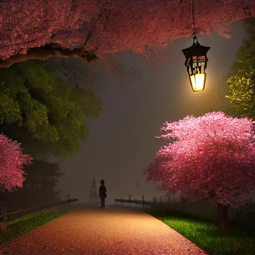 Image similar to photorealistic beautiful cherry blossom forest with victorian lanterns lining the stone pathway. hyperdetailed photorealism, 1 0 8 megapixels, amazing depth, glowing rich colors, powerful imagery, psychedelic overtones, 3 d finalrender, 3 d shading, cinematic lighting, artstation concept art