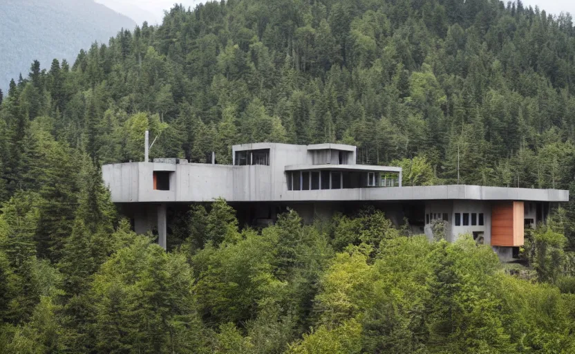 Image similar to Neo-future brutalist house on a secluded mountain with trees around