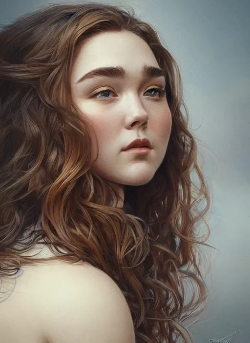 Image similar to beautiful head and shoulders portrait of florence pugh, casual clothing, intricate, elegant, highly detailed, digital painting, beautiful highly detailed face, artstation, concept art, smooth, sharp, focus, illustration, art by artgerm and greg rutkowski and alphonse mucha