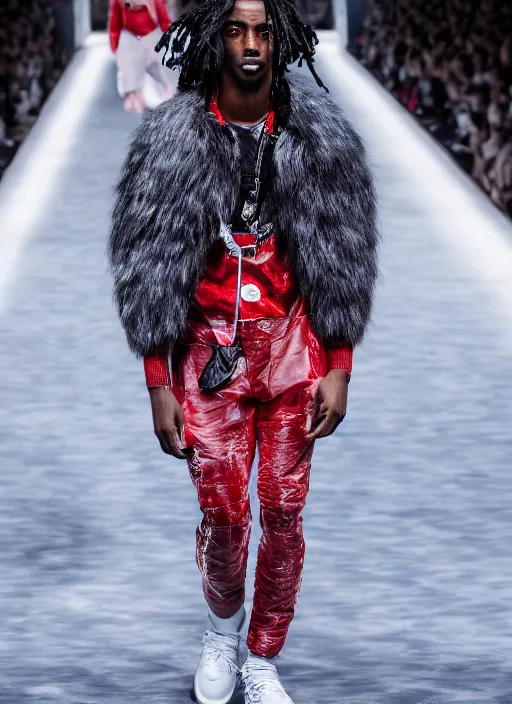 Image similar to hyperrealistic and heavy detailed moncler runway show of whole lotta red by playboi carti, leica sl 2 5 0 mm, vivid color, high quality, high textured, real life