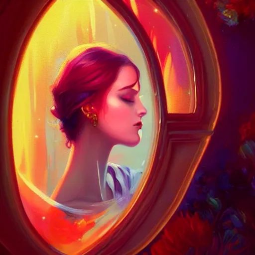 Prompt: colorful and festive captivating beautiful mesmerising woman looking in mirror and seeing an ugly woman, mirror glass aesthetic. rich vivid colors, ambient lighting, dynamic lighting, 4 k, atmospheric lighting, painted, intricate, highly detailed by charlie bowater