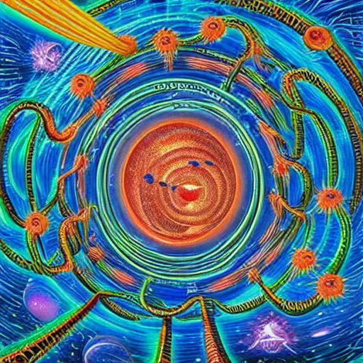 Prompt: krakken battling the spaghetti monster in outer space imagined by alex grey