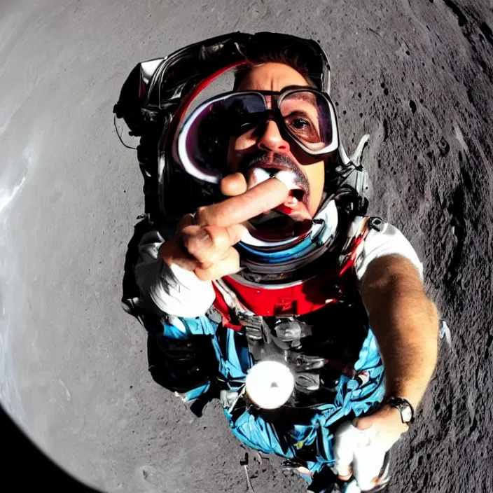 Prompt: robert downey jr eating a delicious hot dog on the moon, dynamic lighting, gopro selfie with a fisheye lens