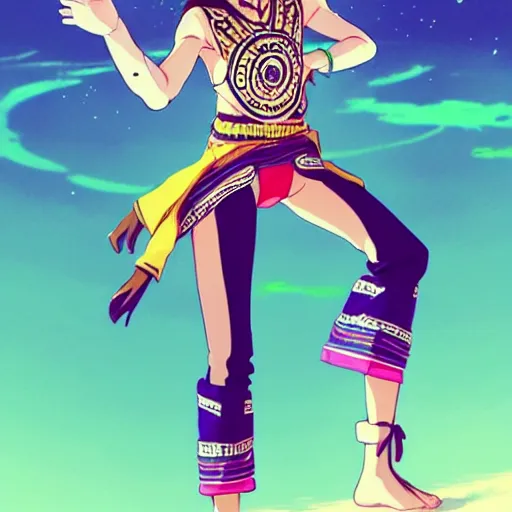 Image similar to a beautiful boyish emma watson alluring instagram model, wearing japanese hiphop aztec leotard outfit with mayan pattern and native style, aztec street fashion bathing suit, botw style, gapmoe yandere grimdark, trending on pixiv fanbox, painted by greg rutkowski makoto shinkai takashi takeuchi studio ghibli, akihiko yoshida