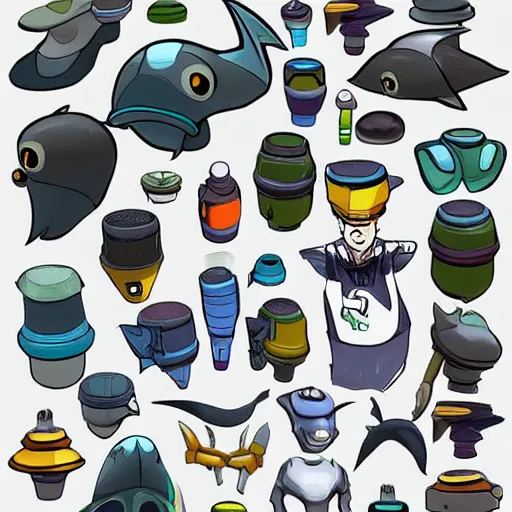 Image similar to character design sheets for a mantaray character who sells spray paint cans and has a sculpting gig on the side, designed by splatoon nintendo, inspired by tim shafer psychonauts 2 by double fine, cgi, professional design, gaming