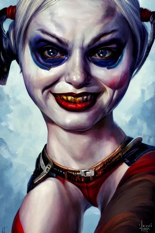 Prompt: a full body high detail fantasy portrait oil painting illustration of harley quinn by justin sweet with face and body clearly visible, in a scenic background, pretty eyes, realistic proportions, d & d, rpg, forgotten realms, artstation trending, high quality, sombre mood, artstation trending, muted colours, entire person visible!