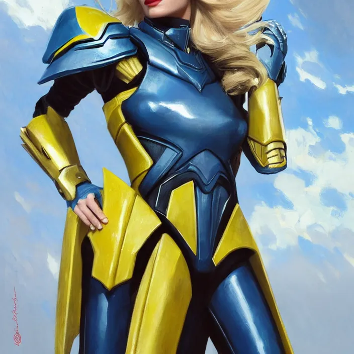 Image similar to A combination of Adriana Dxim's and Grace Kelly's and Ashley Greene's appearances with blonde hair wearing Interceptor's armor from Anthem, countryside, calm, fantasy character portrait, dynamic pose, above view, sunny day, thunder clouds in the sky, artwork by Jeremy Lipkin and Giuseppe Dangelico Pino and Michael Garmash and Rob Rey and Greg Manchess and Huang Guangjian, very coherent asymmetrical artwork, sharp edges, perfect face, simple form, 100mm