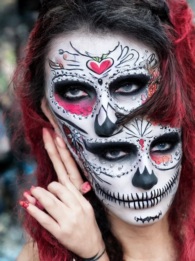 Image similar to a beautiful woman wearing day of the dead make - up, in the style of street art