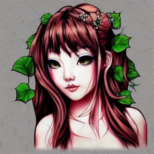 Image similar to tattoo design, stencil, beautiful japanese girls face, ivy surrounding by artgerm, artgerm, cat girl, anime