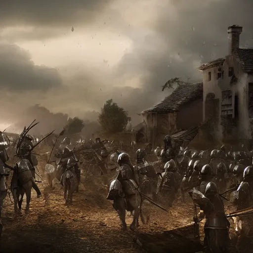 Image similar to A war-torn village scattered with bodies while knights walk through, cinematic, raining, clouds, flames, 8k resolution, outstanding detail, sharp, upscaled, trending, war, muted colors