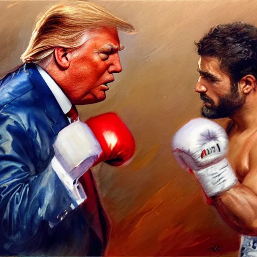 Prompt: a beautiful painting of donald trump fist - fighting joe biden in a boxing ring, rendered art, highly detailed painting by gaston bussiere, craig mullins, j. c. leyendecker 8 k, trending on artstation, art, fighting, watercolor