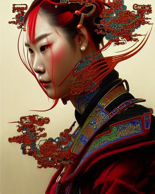 Image similar to portrait of a chinese cyberpunk machine, machine face, upper half portrait, decorated with chinese opera motifs, regal, asian, fine china, wuxia, traditional chinese art intricate intense elegant 京 剧 highly detailed digital painting artstation concept art smooth sharp focus illustration, art by artgerm and greg rutkowski alphonse mucha 8 k