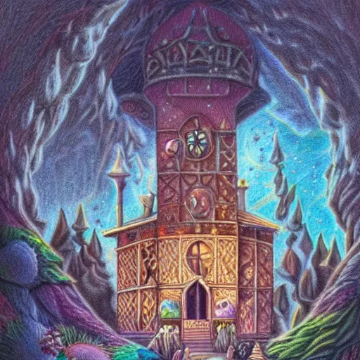 Image similar to Colored pencil art on paper, highly detailed, artstation, People, Animals, Magical Creatures, buildings, scenery, items, enchanted landscapes, PrismaColor