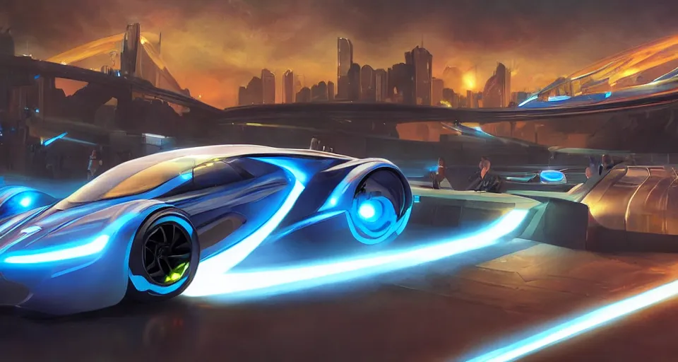 Image similar to dream tron tesla light cycle race, hot wheels, wipe out, hyper realistic, concept art, smooth, high contrast, volumetric lighting, octane, raytrace, syd mead, artgerm, jim lee,