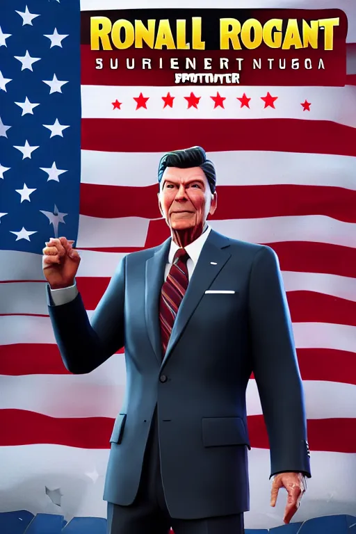 Prompt: ronald reagan, american super patriot, fortnite character, unreal engine. 4 k, highly detailed