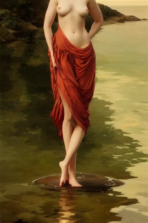 Image similar to a beautiful annie leonhart wearing a dress emerging from the water, oil on canvas, sensuality, artstation, by j. c. leyendecker and edmund blair leighton and charlie bowater, shot on camera sony nicon