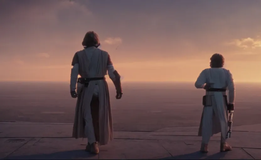 Image similar to iconic wide cinematic screen shot of luke skywalker downtrodden with r 2 - d 2, standing with a view of coruscant at sunset, from the thrilling scene from the hbo succession, moody cinematography, foggy volumetric lighting, hyper detailed scene, anamorphic lenses 2 4 mm, lens flare, award winning