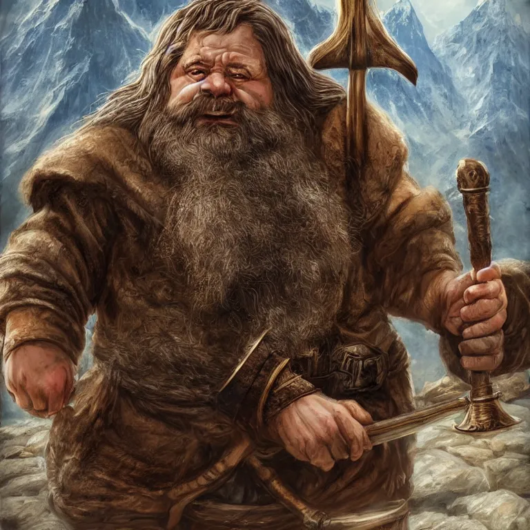 Image similar to dwarf with hammer in mountains, lord of the rings style, fantasy, poster, character portrait, portrait, close up, concept art, intricate details, highly detailed, full body, 8 k, detailed face, body