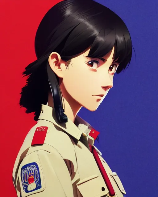 Image similar to girl wearing uniform, holding pistol at side, side view, looking down | | audrey plaza, fine detail!! anime!! realistic shaded lighting!! poster by ilya kuvshinov katsuhiro otomo ghost - in - the - shell, magali villeneuve, artgerm, jeremy lipkin and michael garmash and rob rey